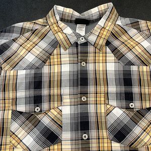 Patagonia organic cotton men’s M long sleeve shirt plaid black yellow